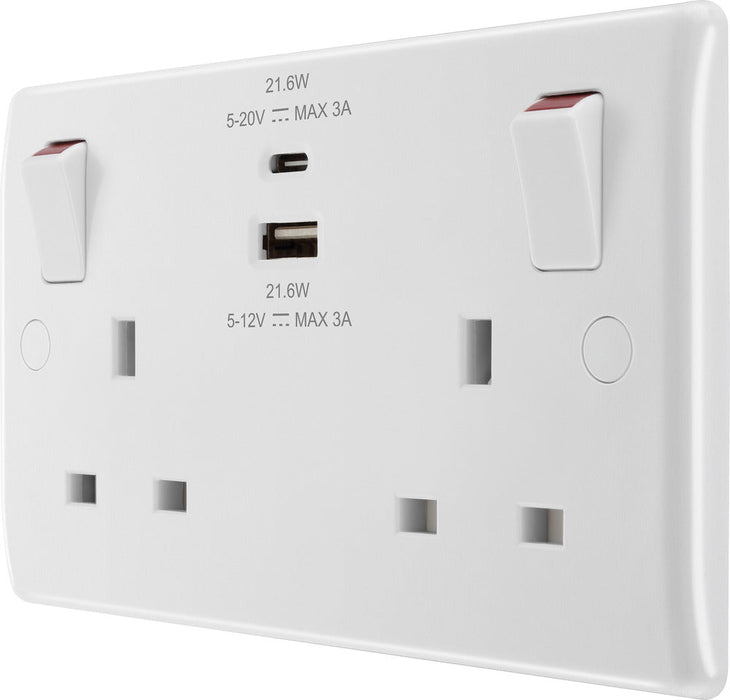 BG 822UAC22 White Round Edge 13A Double Switched Power Socket + USB A+C (22W) - westbasedirect.com