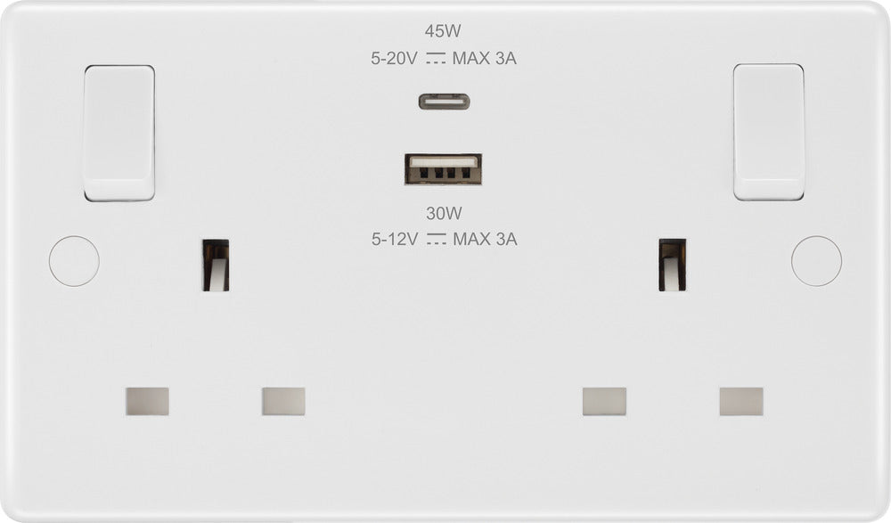 BG 822UAC45 White Round Edge 13A Double Switched Power Socket + USB A+C (45W) - westbasedirect.com