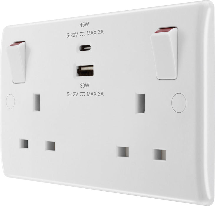 BG 822UAC45 White Round Edge 13A Double Switched Power Socket + USB A+C (45W) - westbasedirect.com