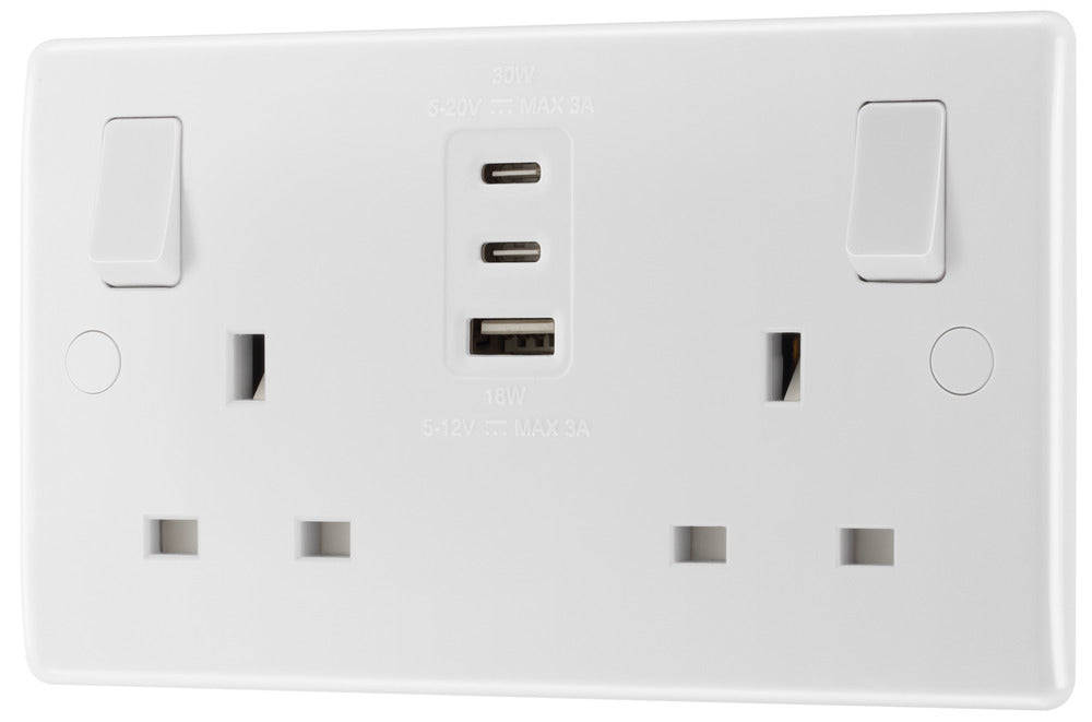 BG 822UACC30 White Round Edge 13A Double Socket + 2xUSB C +1xUSB A(30W)