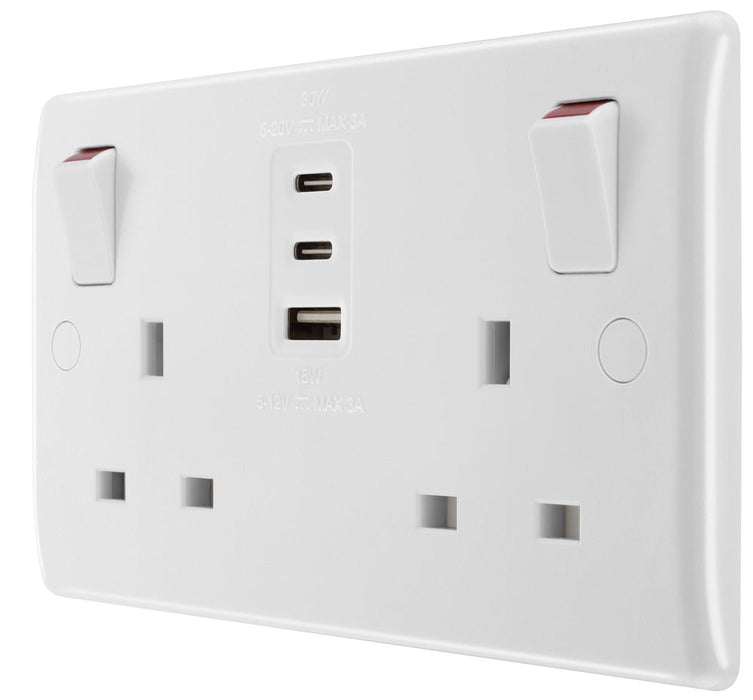 BG 822UACC30 White Round Edge 13A Double Socket + 2xUSB C +1xUSB A(30W)