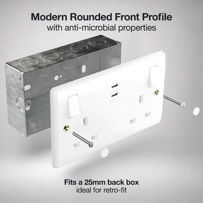 BG 822UCC22 White Round Edge 13A Double Switched Power Socket + 2xUSB-C (22W)