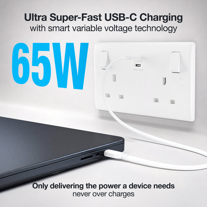 BG 822UCC65 White Round Edge 13A Double Switched Power Socket + 2xUSB-C (65W)