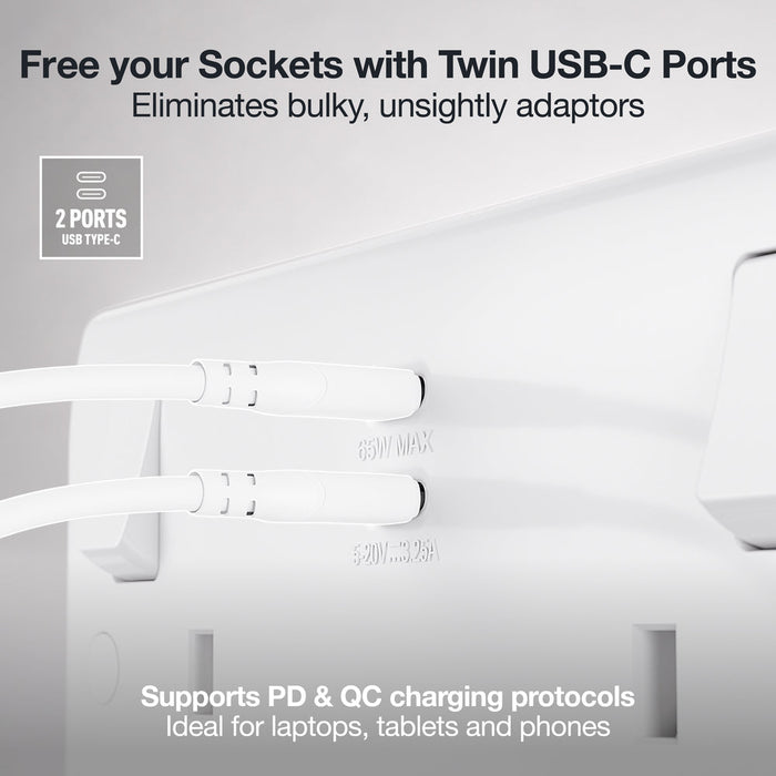 BG 822UCC65 White Round Edge 13A Double Switched Power Socket + 2xUSB-C (65W)
