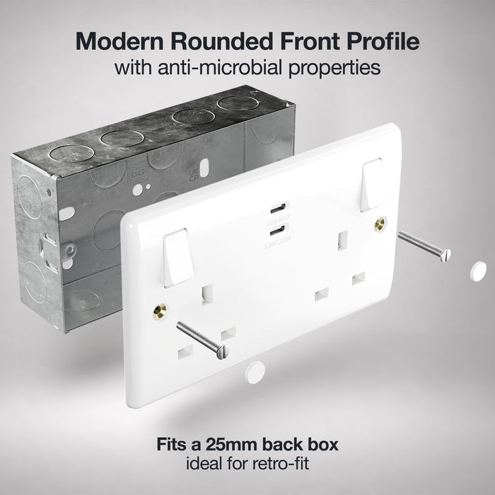 BG 822UCC65 White Round Edge 13A Double Switched Power Socket + 2xUSB-C (65W)