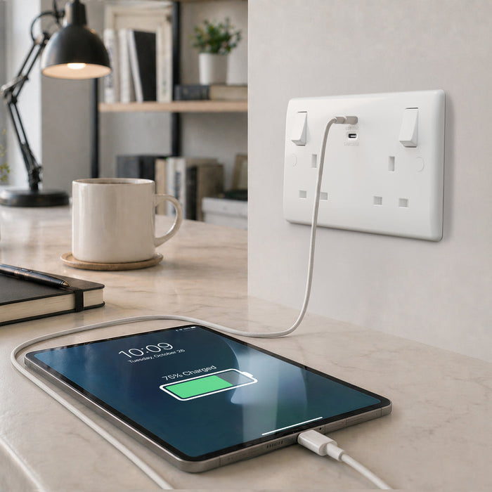 BG 822UCC65 White Round Edge 13A Double Switched Power Socket + 2xUSB-C (65W)