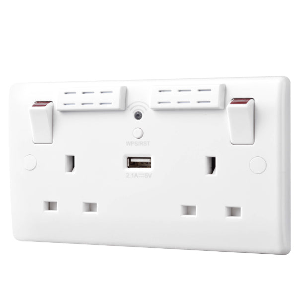 BG 822UWR White Round Edge 13A Double Socket + Wifi Extender +1x USB(2.1A) - westbasedirect.com