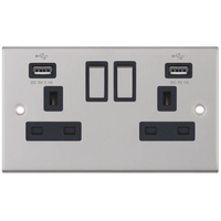 Selectric DSL261 5M 2 Gang 13A Switched Socket Outlet with 2x USB Type-A (2.1A/1A) - Satin Chrome, Black Insert