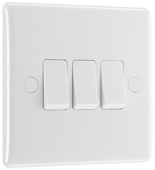 BG 843 White Round Edge Triple Light Switch 10A - westbasedirect.com