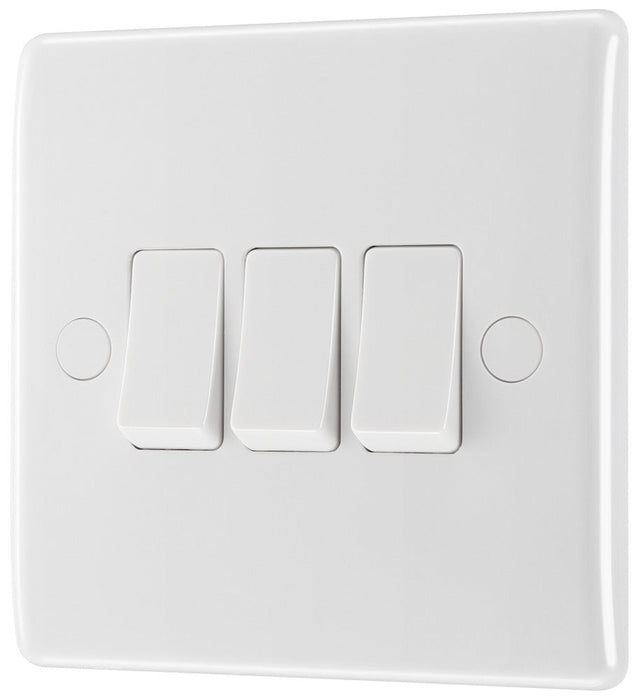 BG 843 White Round Edge Triple Light Switch 10A - westbasedirect.com