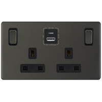 Selectric 5MPLUS-12-86 5M-PLUS Screwless 2 Gang 13A Switched SP Socket Outlet (Outboard Rockers) + 2 Earth Terminal with 1x USB Type-A (2.4A) & 1x USB Type-C (3A) - Dark Bronze, Black Insert