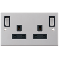 Selectric 7MPRO-285 7M-PRO 2 Gang 13A Switched DP Socket Outlet with Outboard Rockers & 2 Earth Terminals - Satin Chrome, Black Insert