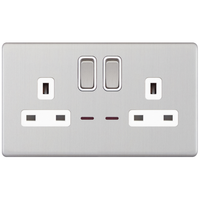 Selectric 5MPLUS-724 5M-PLUS Screwless 2 Gang 13A Switched DP Socket Outlet with Neon - Satin Chrome, White Insert