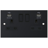 Selectric DSL11-61 5M 2 Gang 13A Switched Socket Outlet with 2x USB Type-A (2.1A/1A) - Matt Black, Black Insert