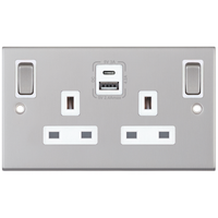 Selectric DSL186 5M 2 Gang 13A Switched SP Socket Outlet (Outboard Rockers) + 2 Earth Terminal with 1x USB Type-A (2.4A) & 1x USB Type-C (3A) - Satin Chrome, White Insert
