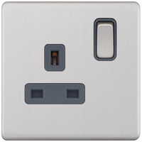 Selectric 5MPLUS-121 5M-PLUS Screwless 1 Gang 13A Switched DP Socket Outlet - Satin Chrome, Grey Insert