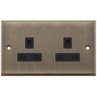 Selectric 7MPRO-620 7M-PRO 2 Gang 13A Unswitched Socket Outlet with 2 Earth Terminals - Antique Brass, Black Insert
