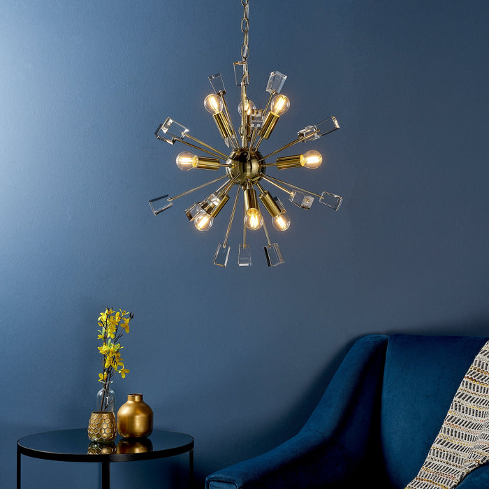 Endon 90293 Miro 9lt Pendant Satin brass plate & clear crystal 9 x 6W LED E14 (Required) - westbasedirect.com