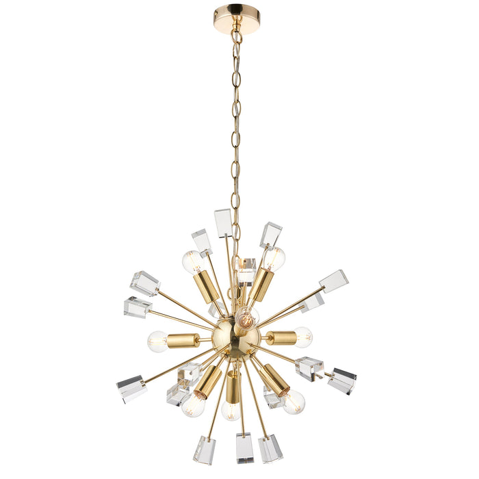 Endon 90293 Miro 9lt Pendant Satin brass plate & clear crystal 9 x 6W LED E14 (Required) - westbasedirect.com