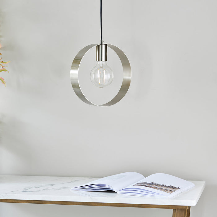 Endon 90454 Hoop 1lt Pendant Brushed nickel plate 40W E27 GLS (Required) - westbasedirect.com