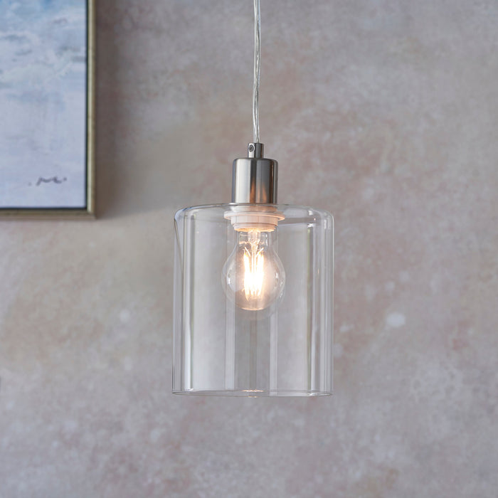 Endon 90563 Toledo 1lt Pendant Brushed nickel plate & clear glass 40W E27 GLS (Required) - westbasedirect.com