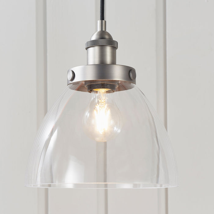 Endon 91738 Hansen 1lt Pendant Brushed silver paint & clear glass 40W E27 GLS (Required) - westbasedirect.com