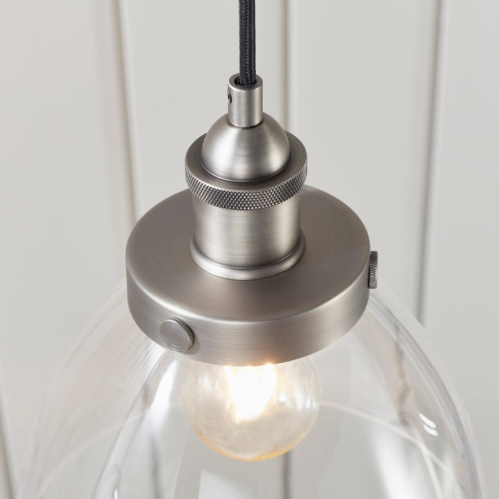 Endon 91738 Hansen 1lt Pendant Brushed silver paint & clear glass 40W E27 GLS (Required) - westbasedirect.com