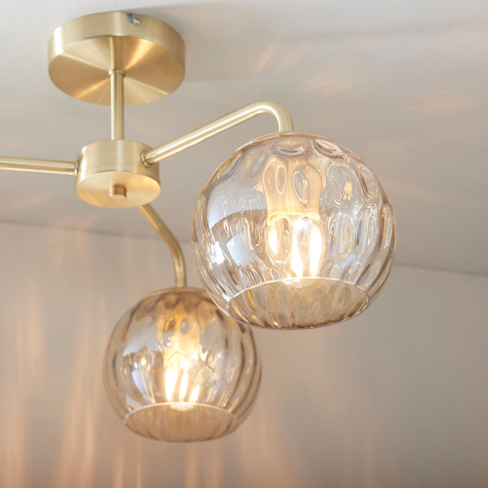 Endon 91968 Dimple 3lt Semi flush Satin brass plate & champagne lustre glass 3 x 25W E14 golf (Required) - westbasedirect.com