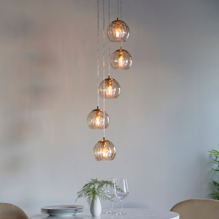 Endon 91972 Dimple 5lt Pendant Satin brass plate & champagne lustre glass 5 x 7W LED E14 (Required) - westbasedirect.com