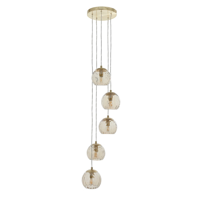 Endon 91972 Dimple 5lt Pendant Satin brass plate & champagne lustre glass 5 x 7W LED E14 (Required) - westbasedirect.com