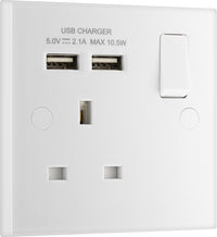 BG 921U2 White Square Edge 13A SP Single Socket + 2x USB