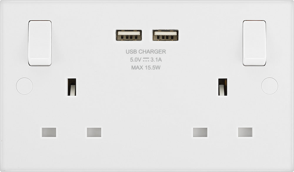 BG 922U3 White Square Edge 13A Double Socket + 2x USB (5 Pack) - westbasedirect.com