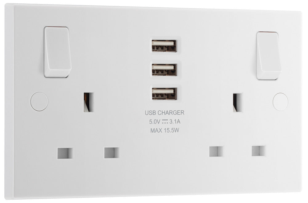 BG 922U33 White Square Edge 13A Double Socket + 3x USB - westbasedirect.com