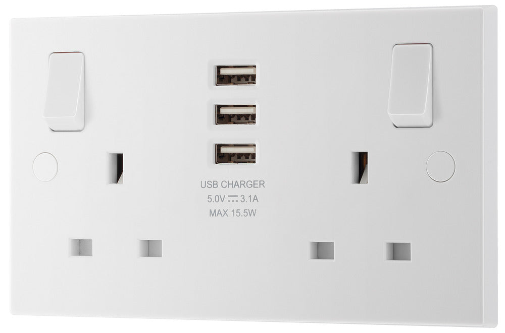 BG 922U33 White Square Edge 13A Double Socket + 3x USB - westbasedirect.com