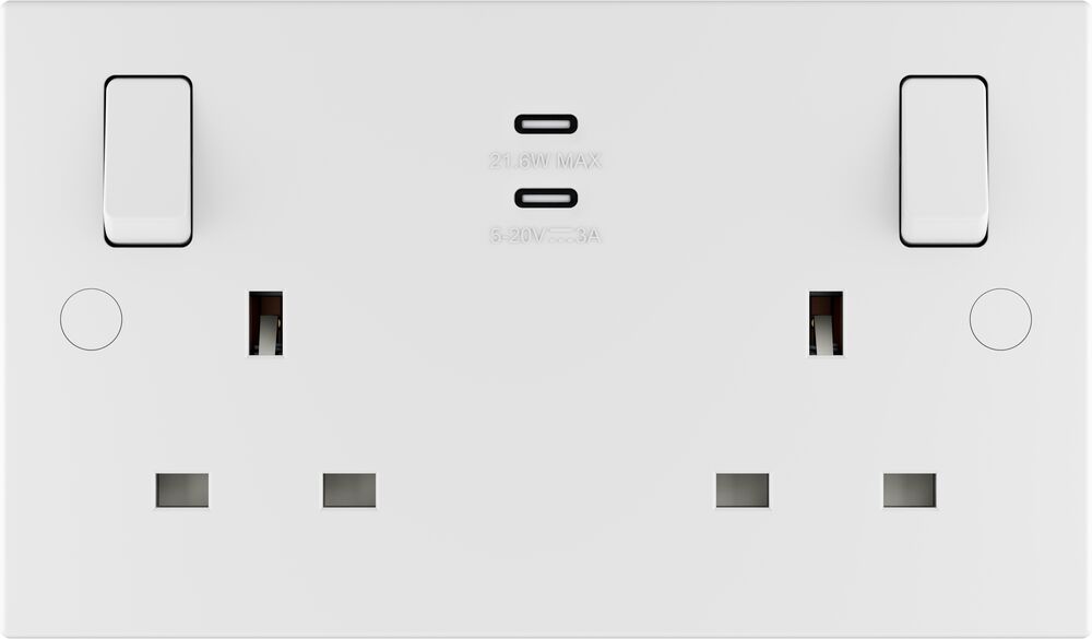 BG 922UCC22 White Square Edge 13A Double Switched Power Socket + 2xUSB-C (22W)