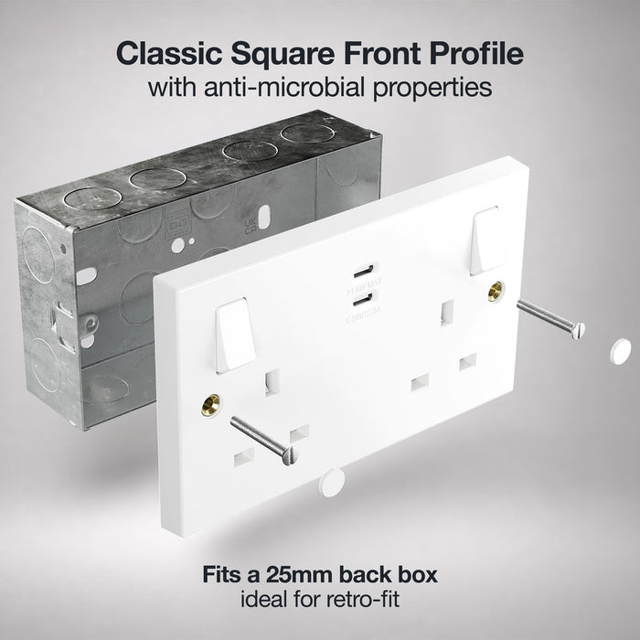 BG 922UCC22 White Square Edge 13A Double Switched Power Socket + 2xUSB-C (22W)