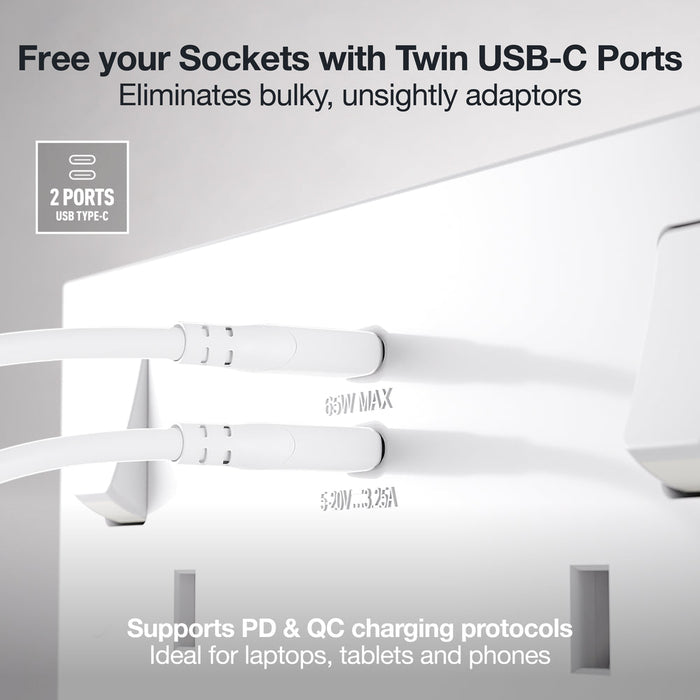 BG 922UCC65 White Square Edge 13A Double Switched Power Socket + 2xUSB-C (65W)