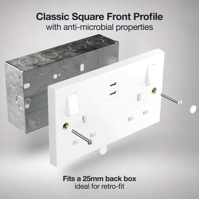 BG 922UCC65 White Square Edge 13A Double Switched Power Socket + 2xUSB-C (65W)