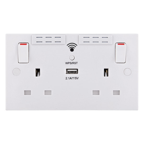 BG 922UWR White Square Edge 13A Double Socket + Wifi Extender +1x USB(2.1A) - westbasedirect.com