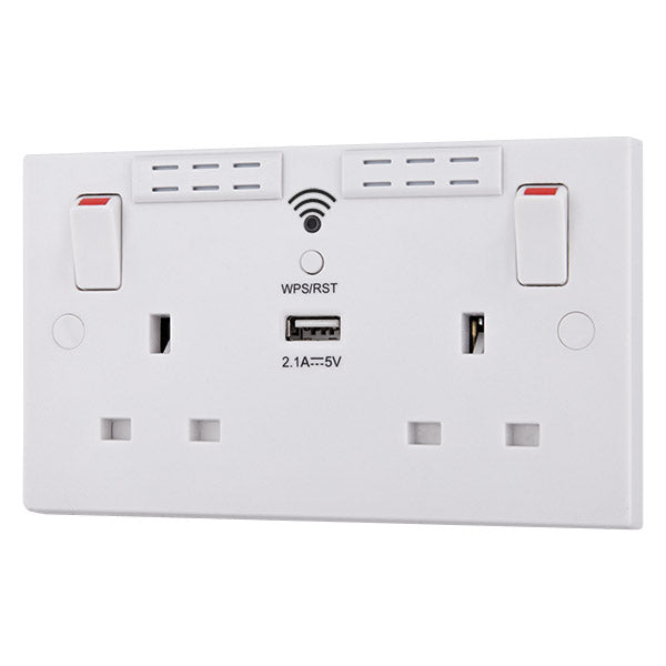 BG 922UWR White Square Edge 13A Double Socket + Wifi Extender +1x USB(2.1A) - westbasedirect.com