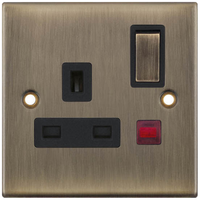 Selectric DSL623 5M 1 Gang 13A Switched DP Socket Outlet with Neon - Antique Brass, Black Insert