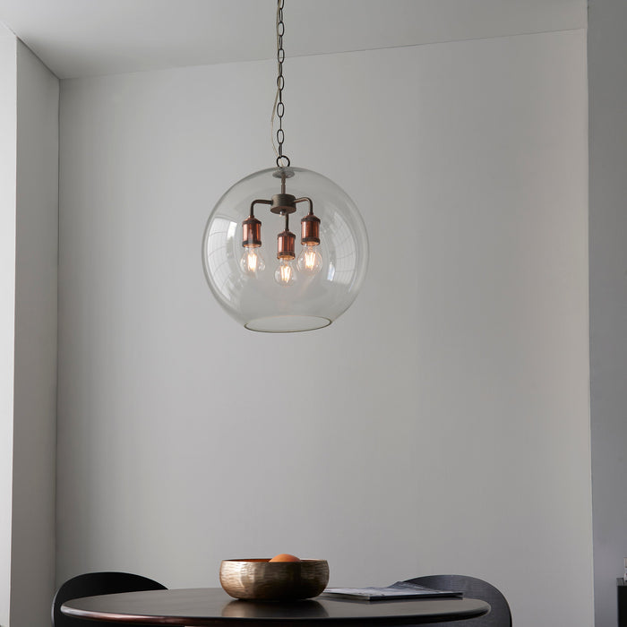 Endon 92988 Hal 3lt Pendant Clear glass, aged copper & pewter plate 3 x 10W LED E27 (Required) - westbasedirect.com