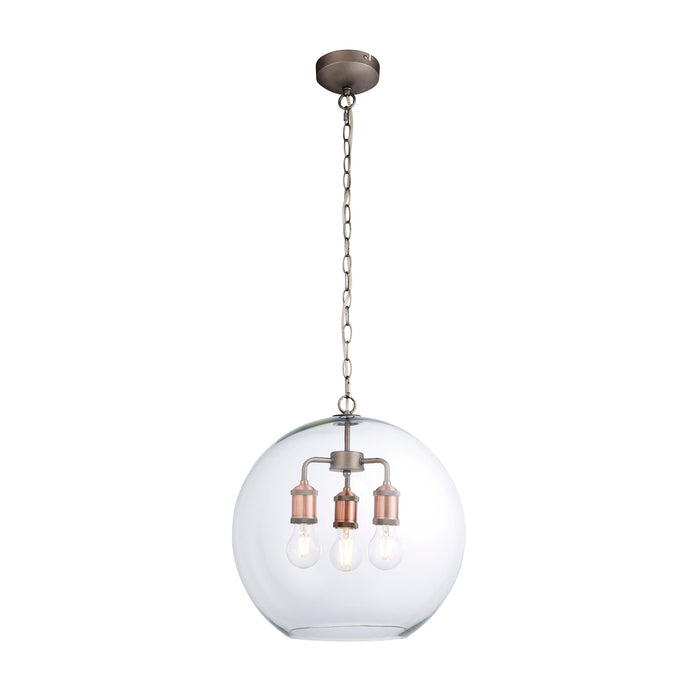 Endon 92988 Hal 3lt Pendant Clear glass, aged copper & pewter plate 3 x 10W LED E27 (Required) - westbasedirect.com