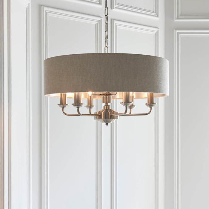 Endon 94357 Highclere 6lt Pendant Brushed chrome plate & natural linen 6 x 40W E14 candle (Required) - westbasedirect.com