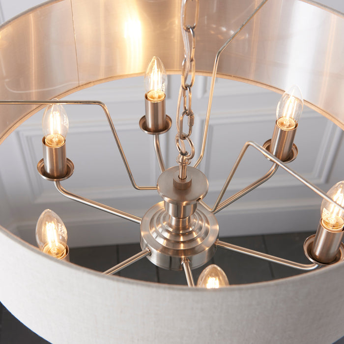 Endon 94357 Highclere 6lt Pendant Brushed chrome plate & natural linen 6 x 40W E14 candle (Required) - westbasedirect.com