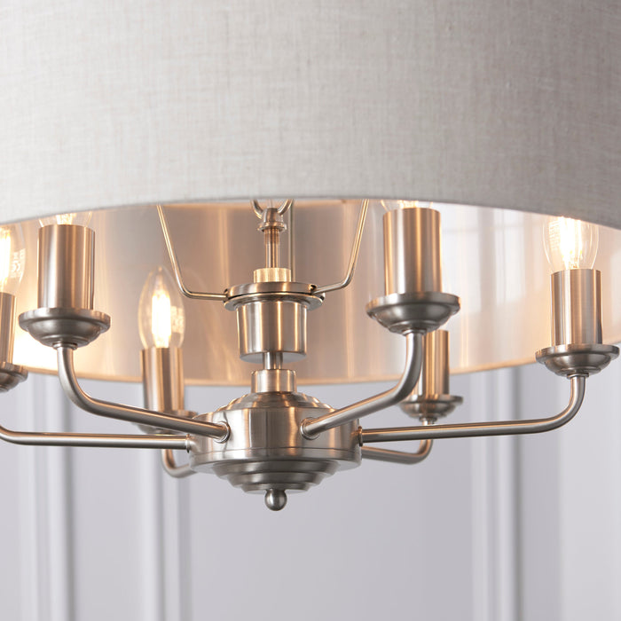 Endon 94357 Highclere 6lt Pendant Brushed chrome plate & natural linen 6 x 40W E14 candle (Required) - westbasedirect.com