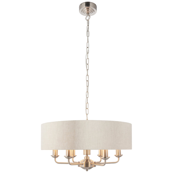 Endon 94357 Highclere 6lt Pendant Brushed chrome plate & natural linen 6 x 40W E14 candle (Required) - westbasedirect.com