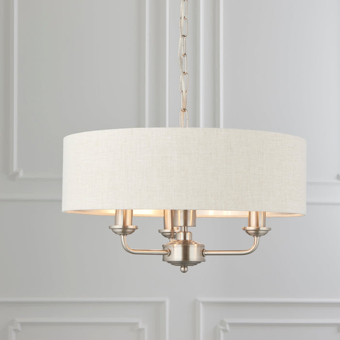 Endon 94361 Highclere 3lt Pendant Brushed chrome plate & natural linen 3 x 40W E14 candle (Required) - westbasedirect.com