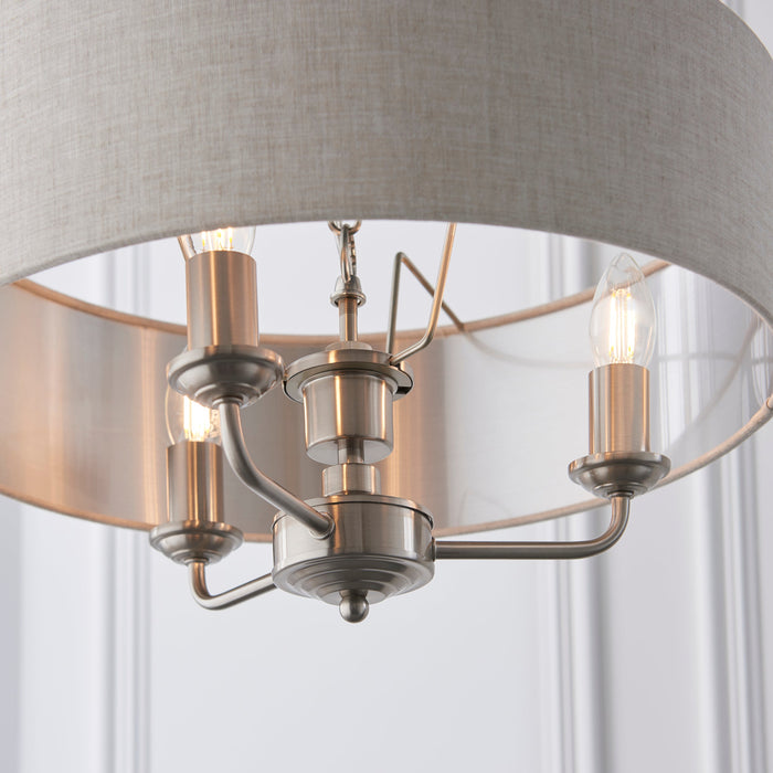 Endon 94361 Highclere 3lt Pendant Brushed chrome plate & natural linen 3 x 40W E14 candle (Required) - westbasedirect.com