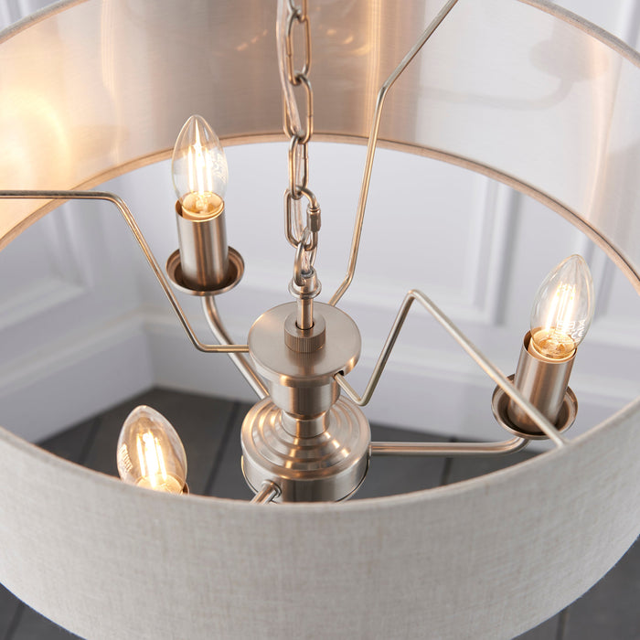 Endon 94361 Highclere 3lt Pendant Brushed chrome plate & natural linen 3 x 40W E14 candle (Required) - westbasedirect.com